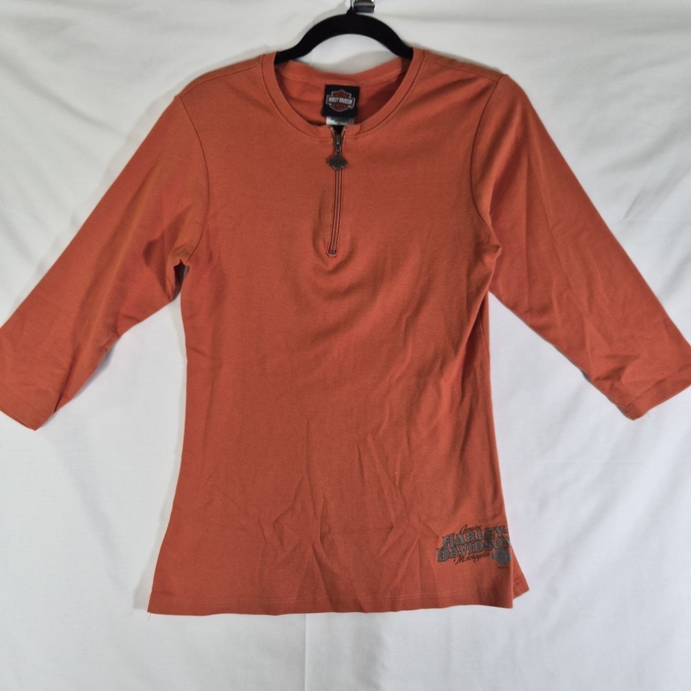 2008 Harley Davidson Women Large Orange 3/4 Sleeve Zip Neck Shirt Eagle‎ Graphic